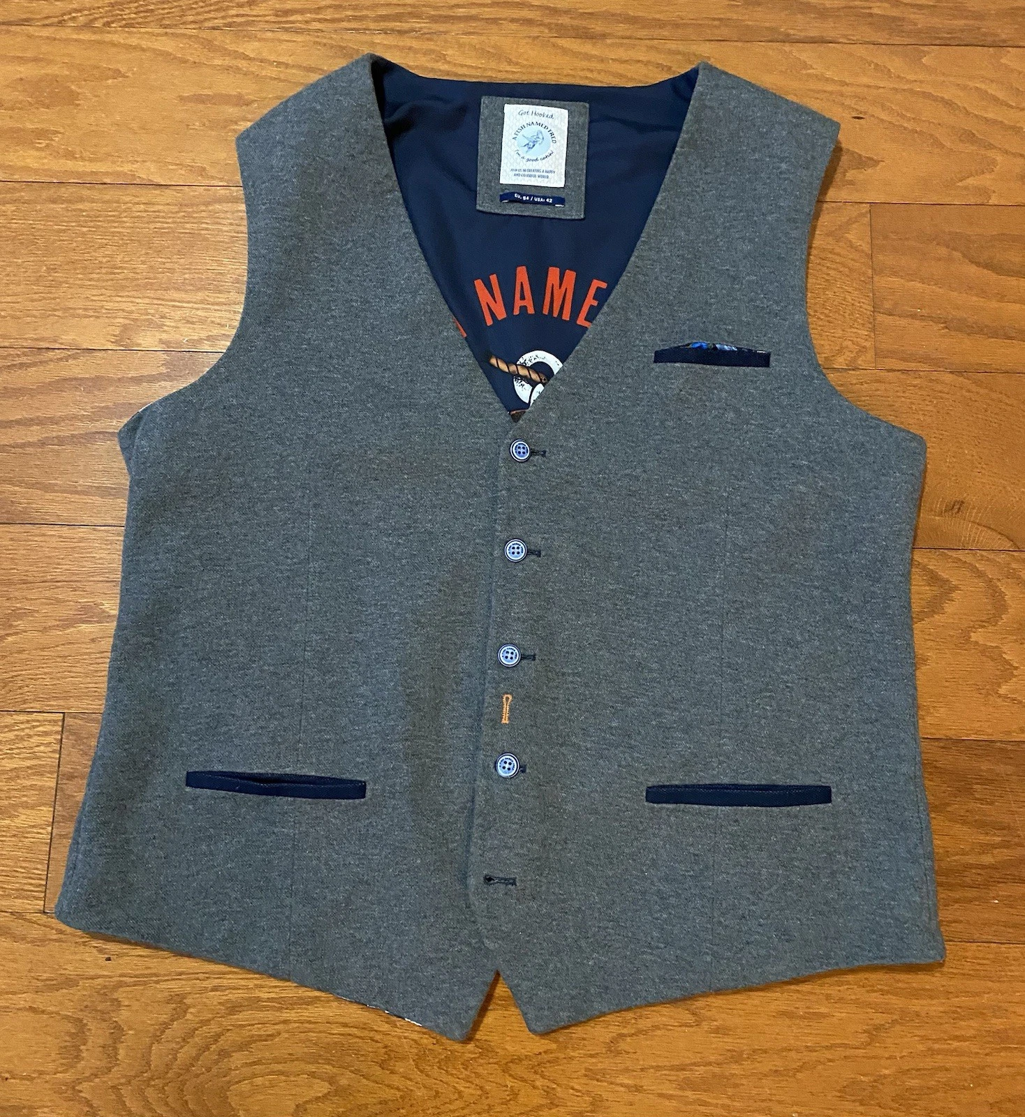 A Fish Named Fred Vest Men's 42 Got Hooked V Neck Button Up Waistcoat gilet blue