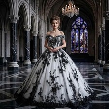 Gothic Black White Wedding Dress Off Shoulder Lace Applique Vintage Bridal Gowns
