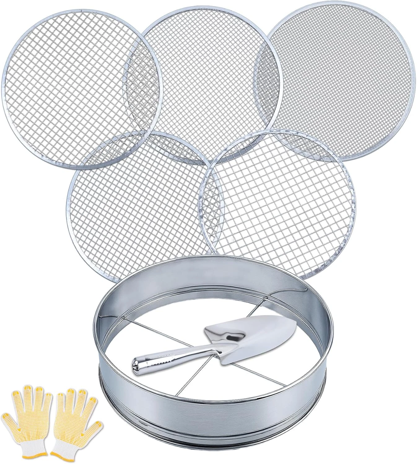 5-In-1 Soil Sifter Set with 5 Replaceable Stainless Steel Mesh Screen & Shovel (
