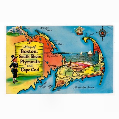 AK Postcard, Map of Boston, South Shore, Plymouth Cape Cod (Mass. USA) Landkarte