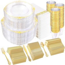 YOUBET 700 PCS Clear Gold Plastic Plates for Wedding Party Thanksgiving Day