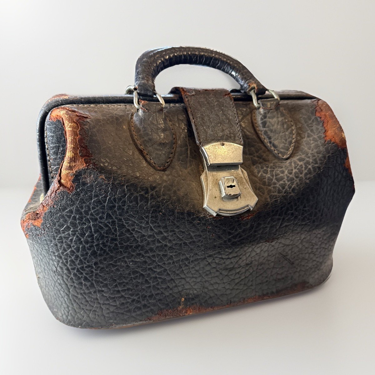 Vintage Black Leather Doctor Nurses Medical Bag For Decorative