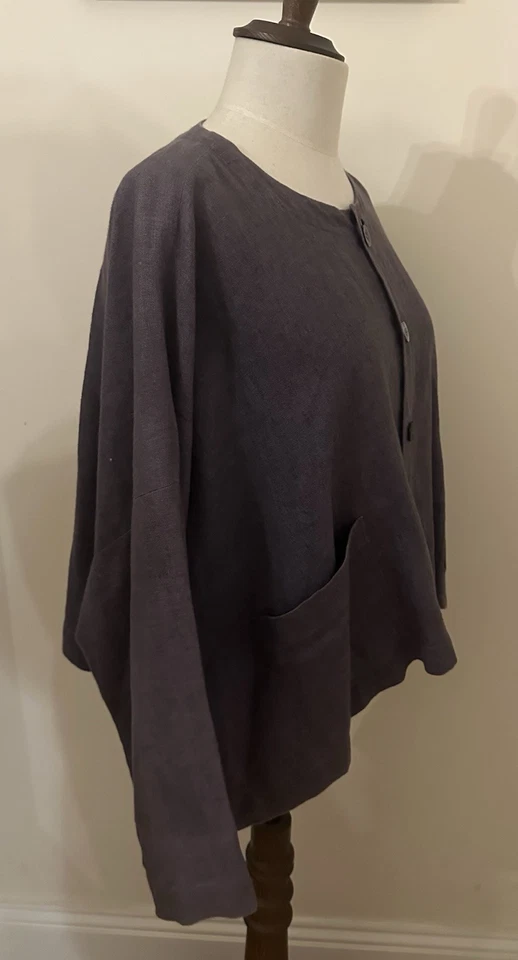 ESKANDAR Fabulous Oversized Boxy Linen Jacket - 60 Inch Chest In Heather - Image 2 of 4