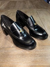 Coach Natalie Tailored C Logo Loafer Pumps Black Leather Gold Heel Size 8 New
