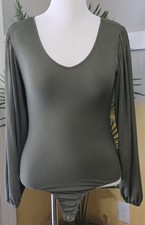Women's Green Streetwear Society Ribbed Bodysuit With Snaps Size L