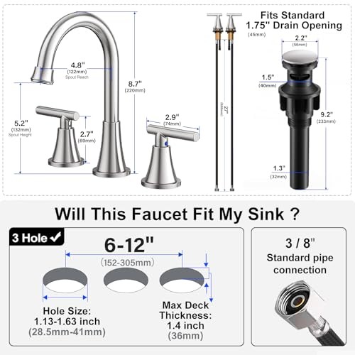Bathroom Faucets for Sink 3 Hole,  Bathroom Sink Faucet 8 Inch Brushed Nickel - Bild 5 von 6