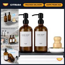 2 Pack Amber Glass Soap Dispenser Set - 16oz with Stainless Steel Pump  Tray, R