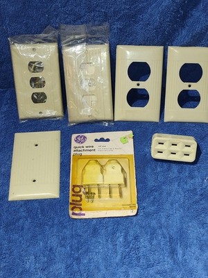 Vintage Lot Ivory Ribbed Sierra Electric Outlet Plate Covers & Electric Plugs 