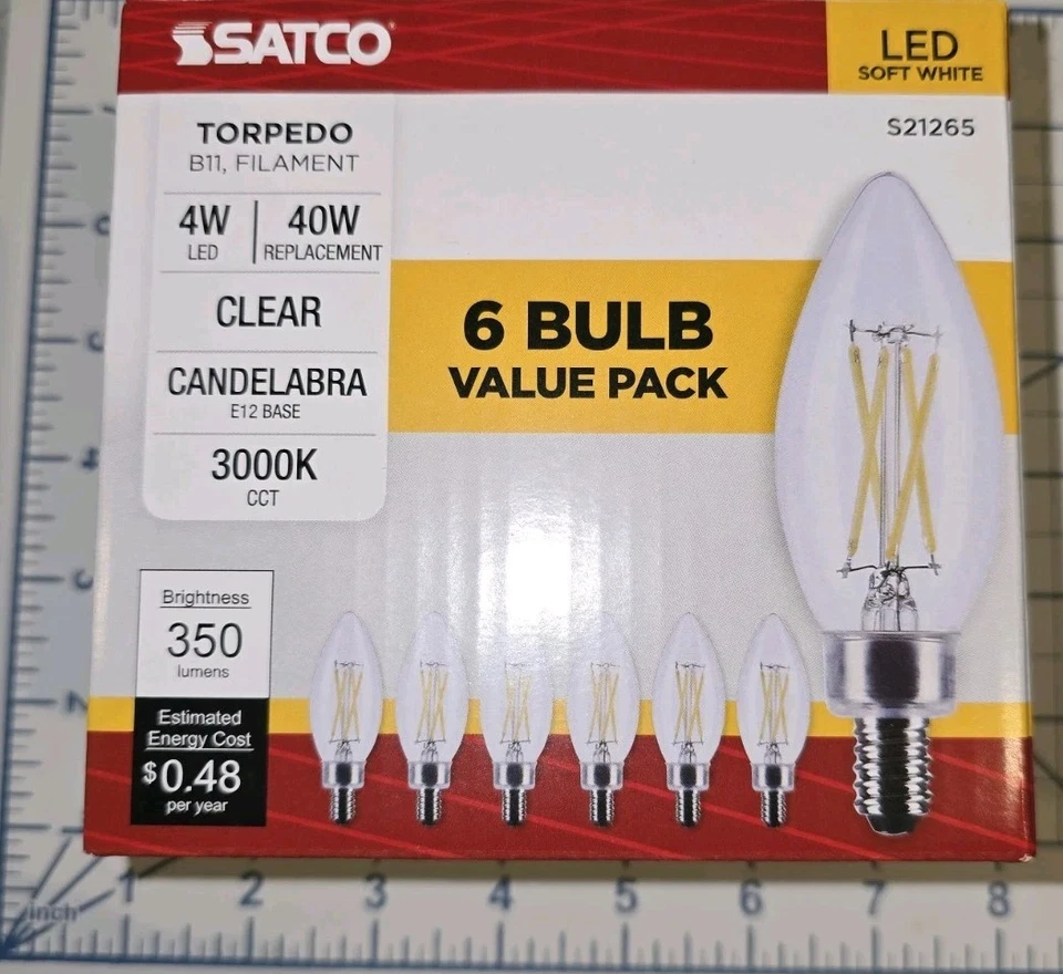 SATCO ~ S21265 4B11/LED/930/CL/120V/E12, Torpedo, B11, 4 Watt =40 W Lot Of 6,  - Image 2 of 4