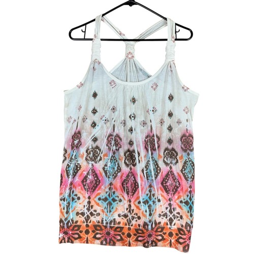 Maurices Womens Shirt White Multicolor Blue Boho Bohemian Geometric Tank Top 0