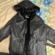 Wilsons Leather Black Hooded Faux Fur Lined Belted Jacket with Pockets 1X Plus
