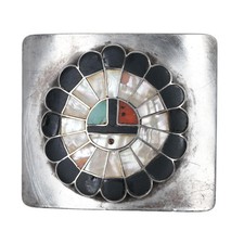 Vintage Zuni Sterling silver sunface inlay belt buckle