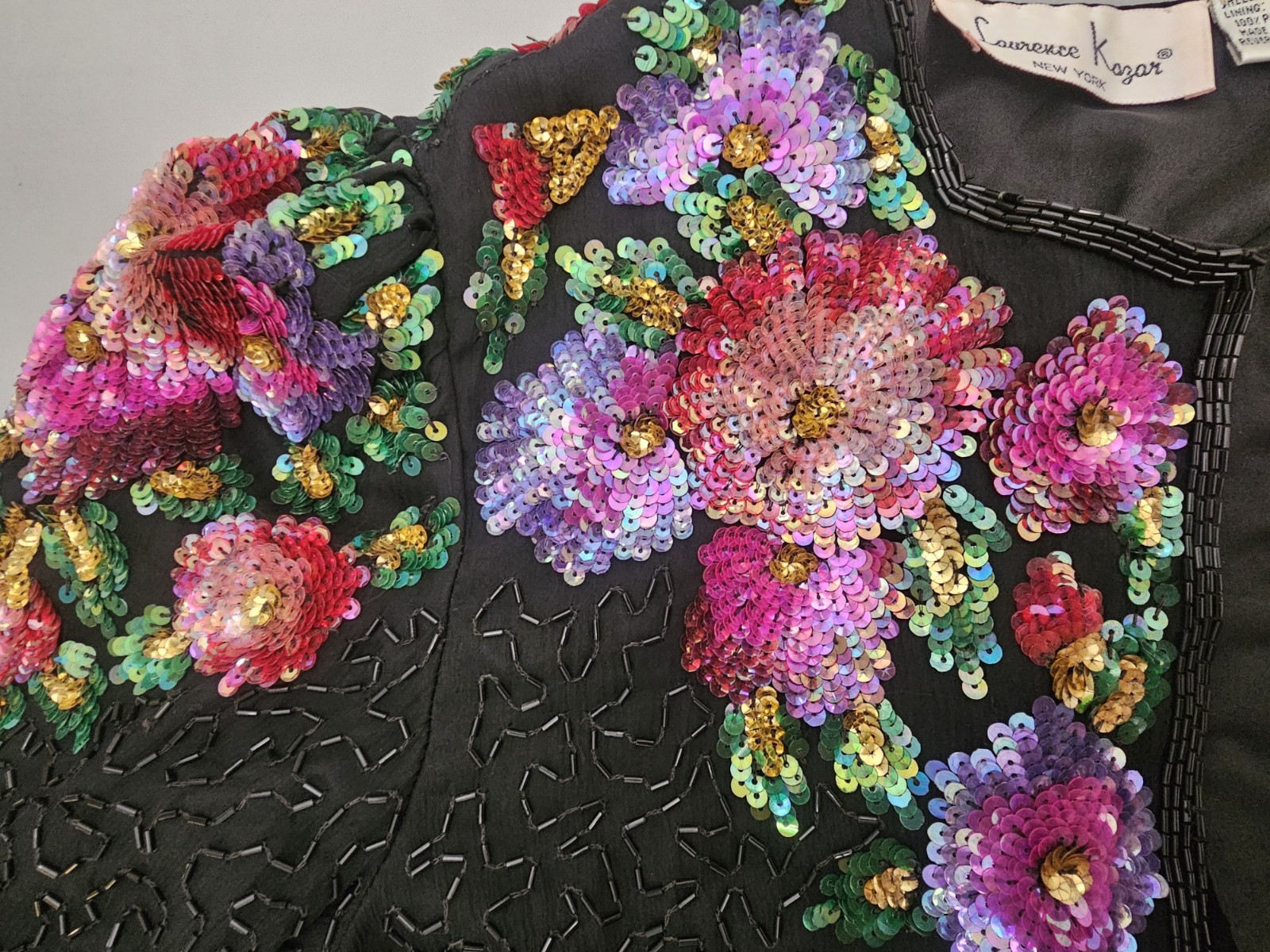 Lawrence Kazar Blac Beaded Sequined Jacket Blouse Small Floral Black Silk