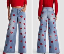 Women Alice Olivia Cotton Floral Straight Denim Wide Leg Pants