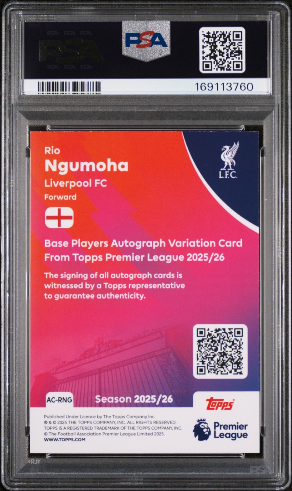 2025-26 Topps Premier EPL — Rio Ngumoha Early Rookie Auto — Autograph RC — PSA 8 view 2