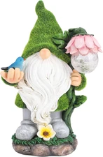 Garden Gnome Statue - Funny Gnome Decoration Hold Flower with Solar Crackle Glas
