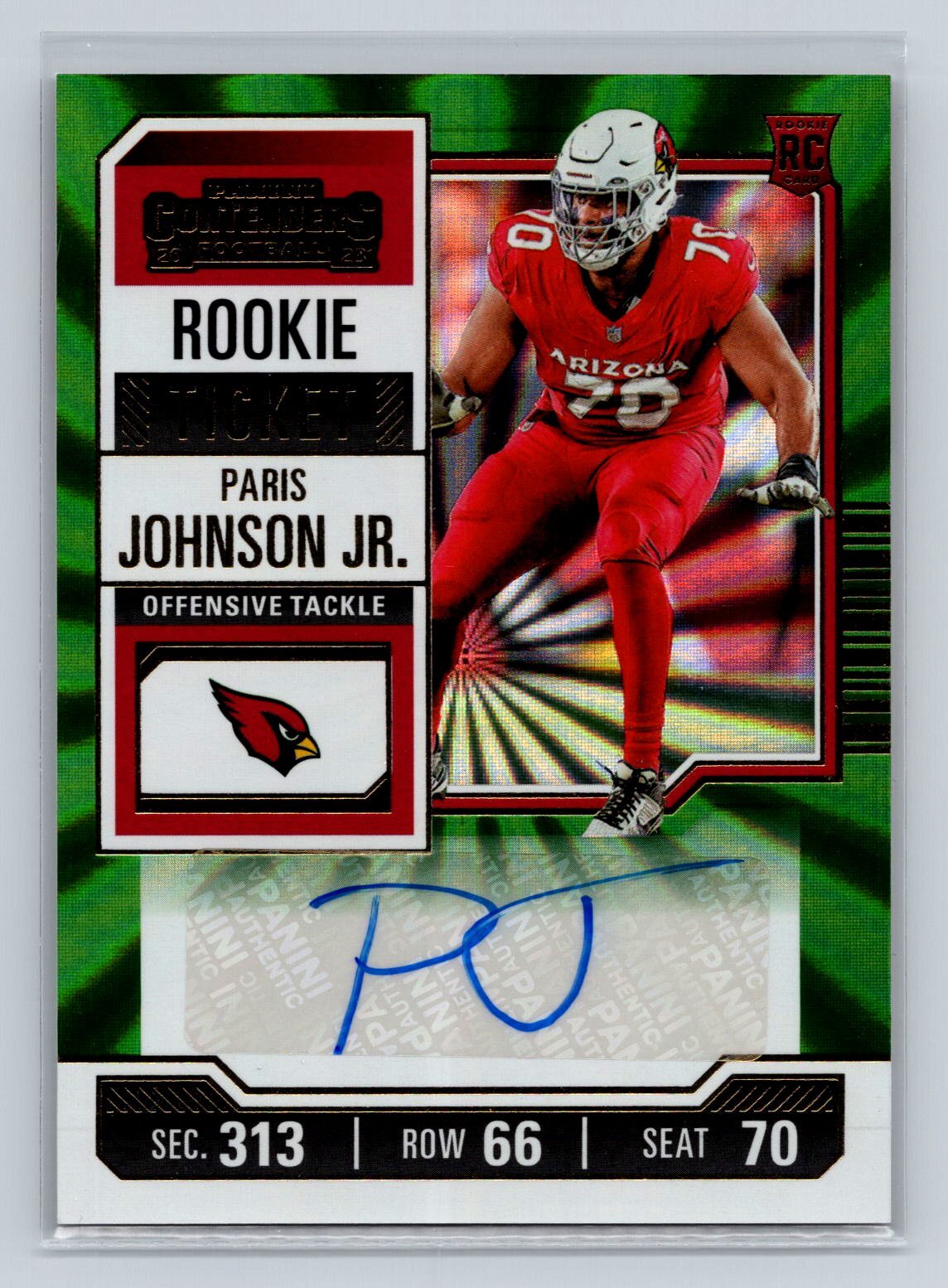 2023 Contenders Paris Johnson Jr. Green Laser Rookie Ticket Auto Cardinals