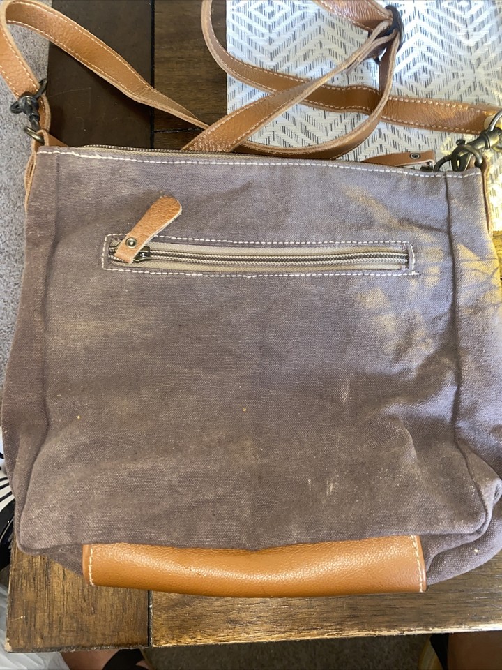 Myra Bag Dizzy Circle Upcycled Canvas Brown Leather Crossbody Purse Shoulder Bag 819699027539 eBay