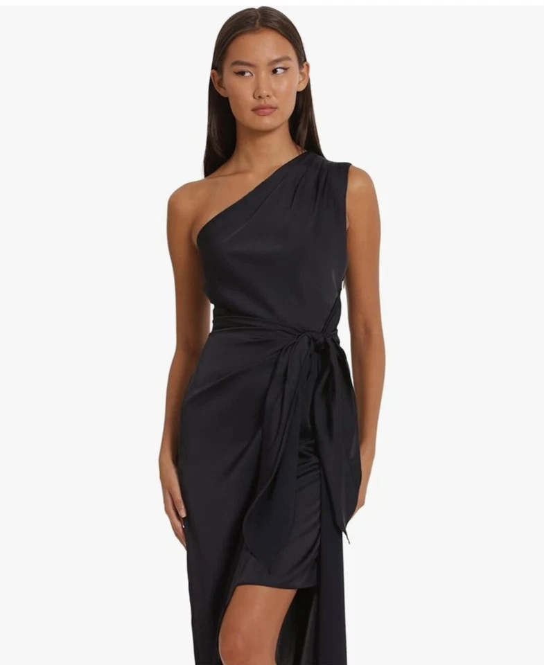 Donna Morgan Un Hombro Imitación Envoltura Luz Charmeuse Maxi con Cintura Corbata, Talla 12 Foto 3 de 4