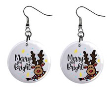Merry & Bright Reindeer, Button Earrings Jewelry 1" Dangle MADE IN USA NEW