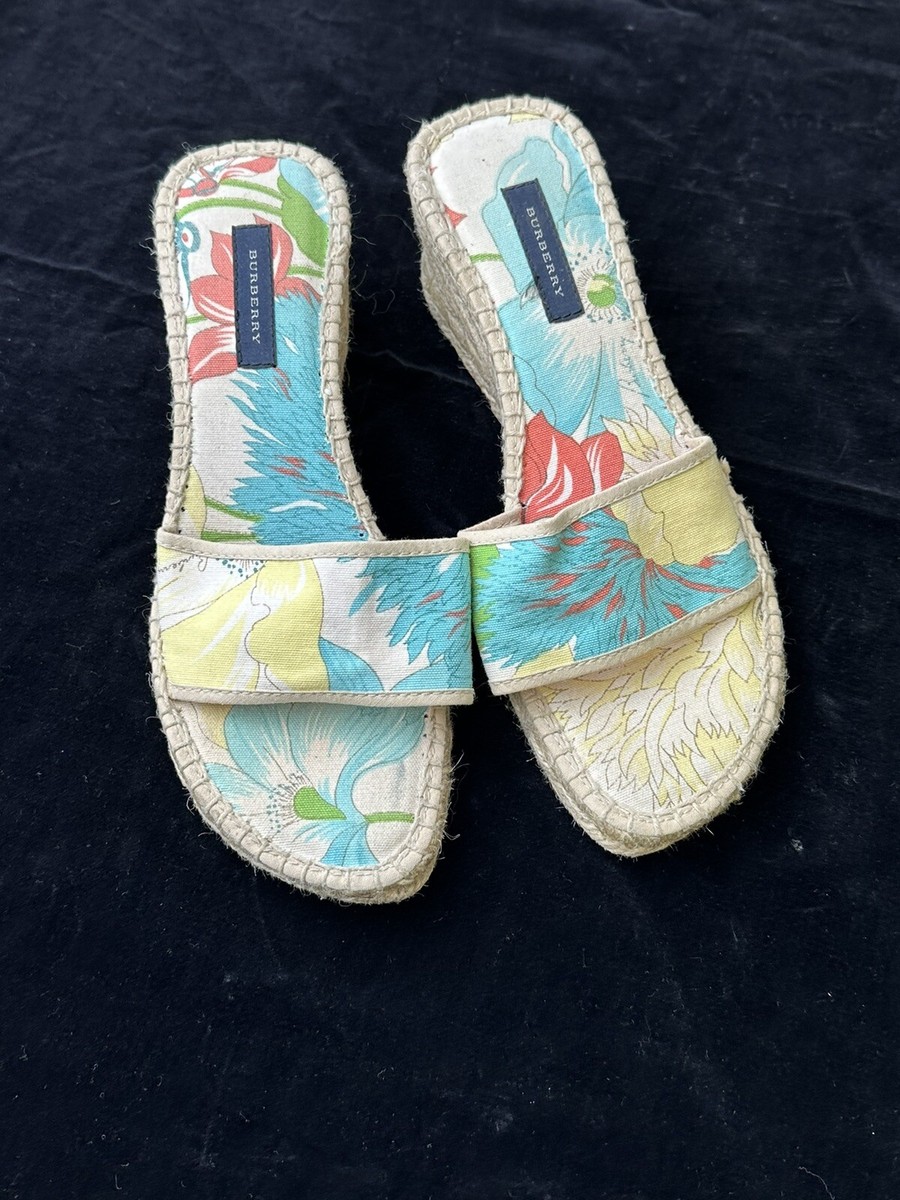 Burberry Womens Sandal Wedge Floral Canvas Jute Espadrilles Slip