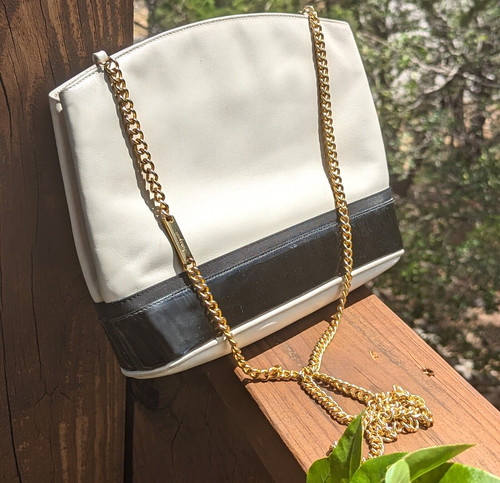Vtg 1980s Salvatore FERRAGAMO Black & White Crossbody Handbag - Gold Chain Strap