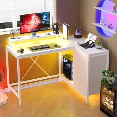OUTGOODS 43" L-Shaped 3-Drawer Computer Desk with 4 Power Outlets & 7-Color Led Lights