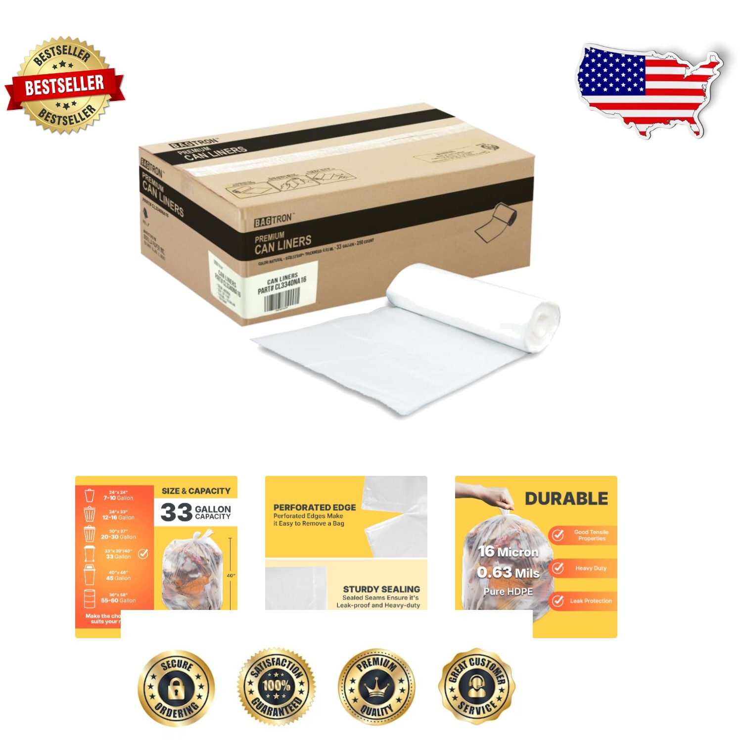 Durable 33 Gallon Garbage Bags - Clear 250 Count High Density for Home & Office