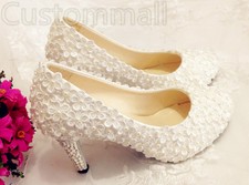 Wedding Prom Lace Bridal Bridesmaid Flat High Low Heels Shoes Pearl wrap-around