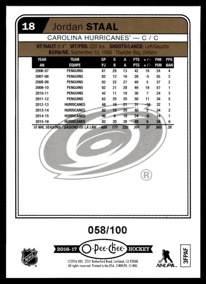 2016-17 O PEE CHEE BLACK RAINBOW FOIL /100 Jordan Staal Carolina Hurricanes #18 - Image 2 of 2