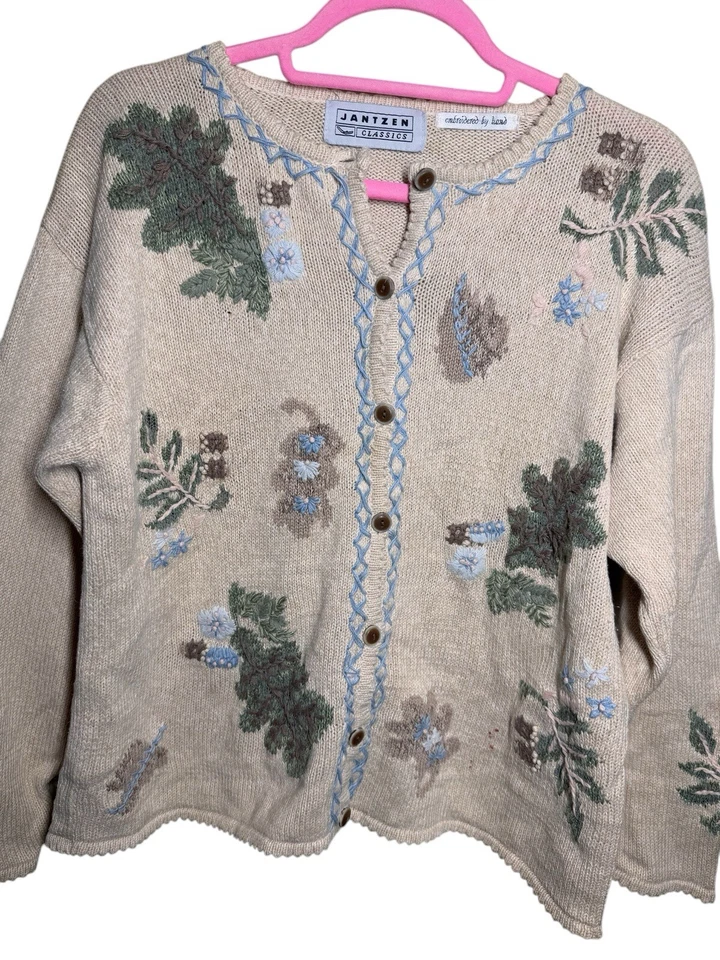 Suéter Jantzen vintage de los años 40 para mujer L/XL estilo bosque bordado a mano cárdigan Foto 2 de 3
