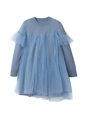 knit tulle dress Long-sleeve Ribbed Knit Tulle Dress Brown
