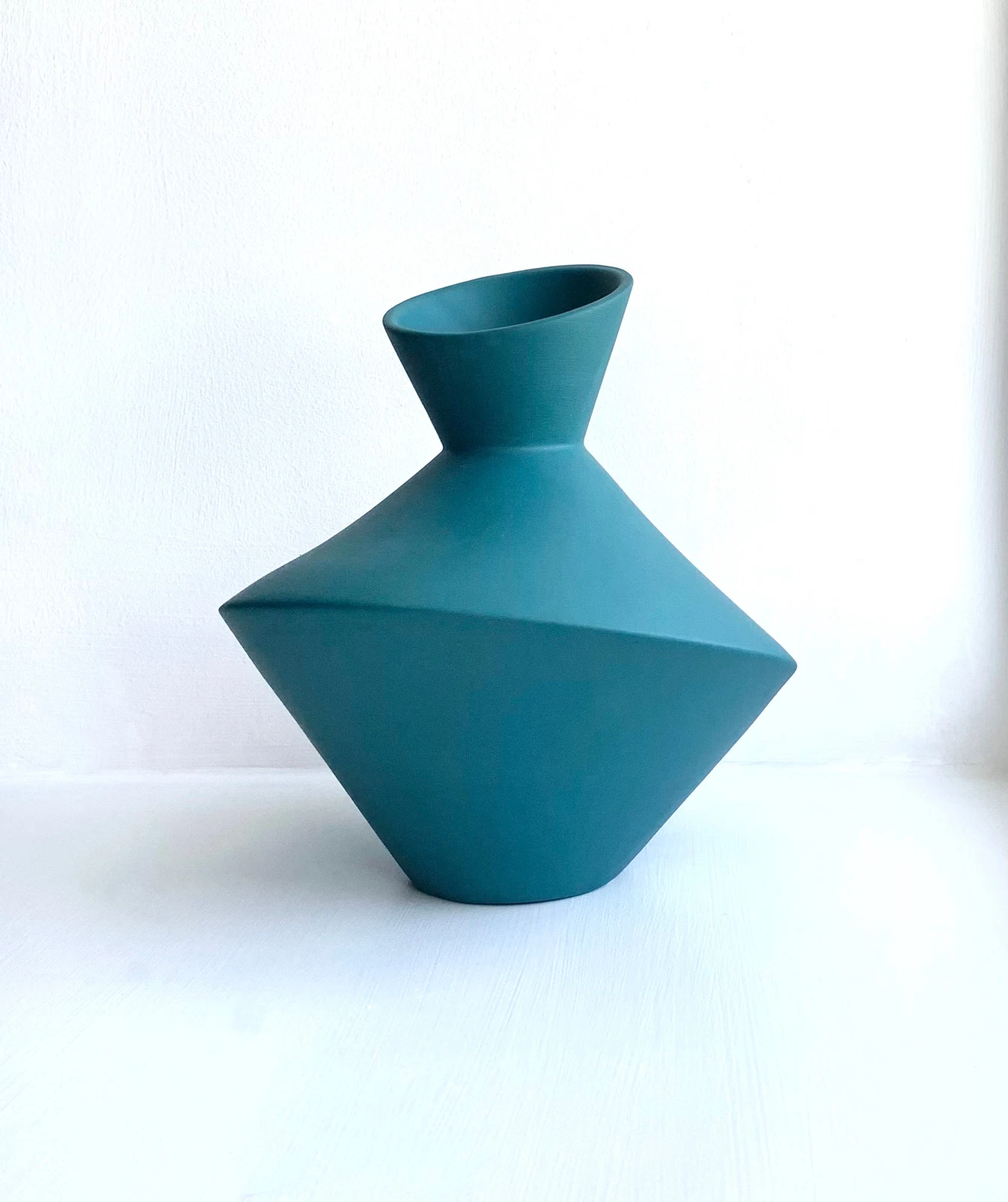 Modern Ceramic Vase Contemporary Designer Hand-Made Teal Geometric
