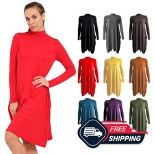 Womens Long Sleeve Polo Neck Swing Dress Ladies Flared Hanky Skater Wear UK 8-26