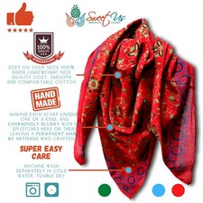 Large Cotton Block Print Summer Scarf for Women Light Floral Soft Red Blue Green