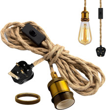 Hemp Rope Pendant Light,16.7 Ft Vintage Hanging Light with Plug in Cord, Rustic