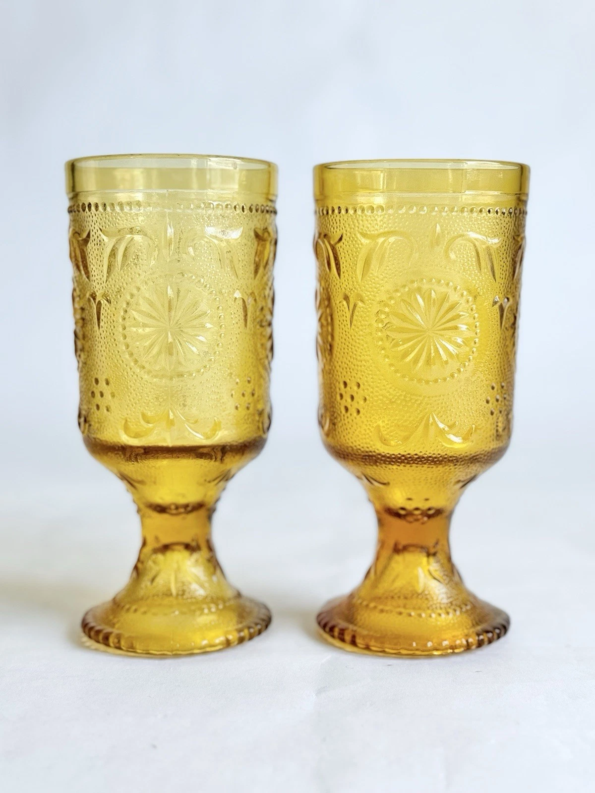 American Concord Amber Glass Brockway Daisy Footed Goblet Set Of 6