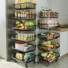 Kitchen Storage Baskets Black Iron Wire Storage Bins with Wheels and Feet, St...