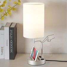Touch Control USB Table Lamp 3-Way Dimmable USB C A Ports AC Outlet Silver