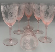 1930-1935 Set 6 Cambridge Gloria Pink Crystal Floral Stem Etched Wine Glasses EC
