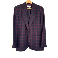 Vintage 1980's Oversized Navy  Red Window Pane Plaid Liz Claiborne Wool Blazer