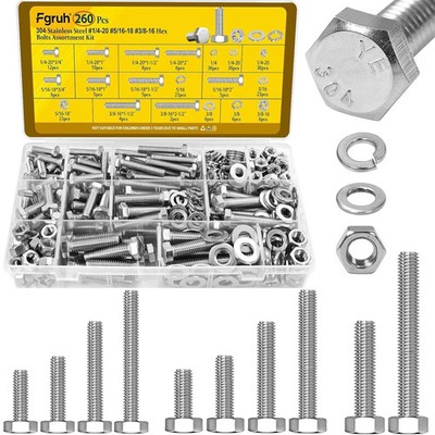 260PCS Hex Bolts and Nuts Assortment Kit,1/4-20, 5/16-18, 3/8-16 Hex Head Bolt N