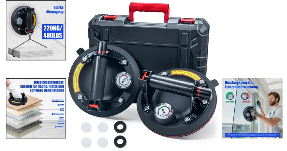 Saugheber Set aus Gummi mit Manometer 220kg für Glas Fliesen Marmor - Bild 2 von 4