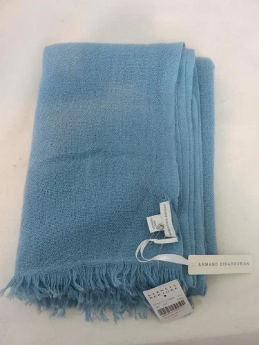 NEW Armand Diradourian 100% Cashmere Scarf w/Fringe Sky Blue Barneys New York