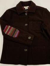 VTG Talbots Petites Brown Boiled Wool Coat Embroidered Multicolored Patches S