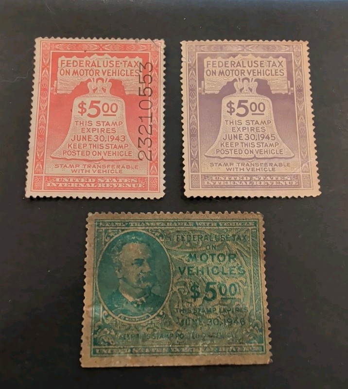 3 US $5 Federal Use Tax Motor Vehicles Revenue Stamps - LJMV1