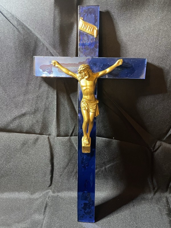 Blue Wood Crucifix Wall Cross w/ Gold-Tone Jesus Corpus & INRI Plaque