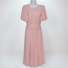 Vintage 80s Richard Warren Pink Chiffon Pleated Dress Satin Stripe Bodice Size 8