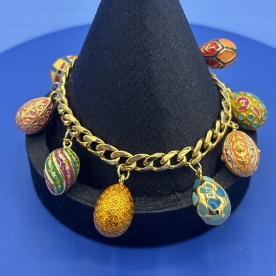 Joan Rivers Gold Tone Charm Bracelet 8 Enameled Faberge Inspo Easter Eggs 7.5 