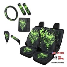 Skull Car Seat Covers for Men Women Green Fire Flame Skull Green Fire Flame